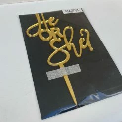 Allspex HE OR SHE? Cake Topper - Gold Mirror Cake Toppers, Plaques & Candles
