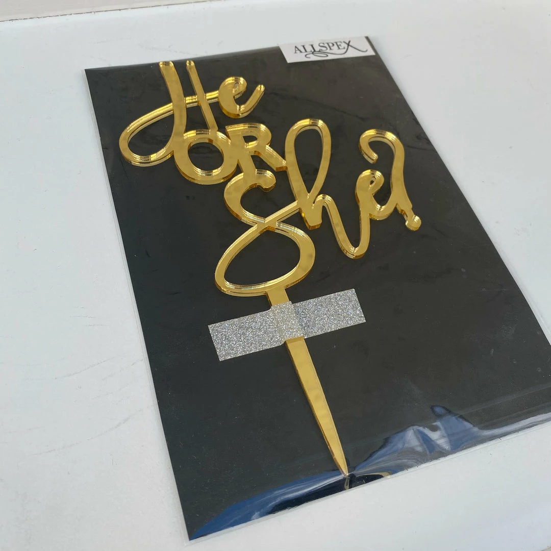 Allspex HE OR SHE? Cake Topper - Gold Mirror Cake Toppers, Plaques & Candles 3 Allspex HE OR SHE? Cake Topper - Gold Mirror Cake Toppers, Plaques & Candles